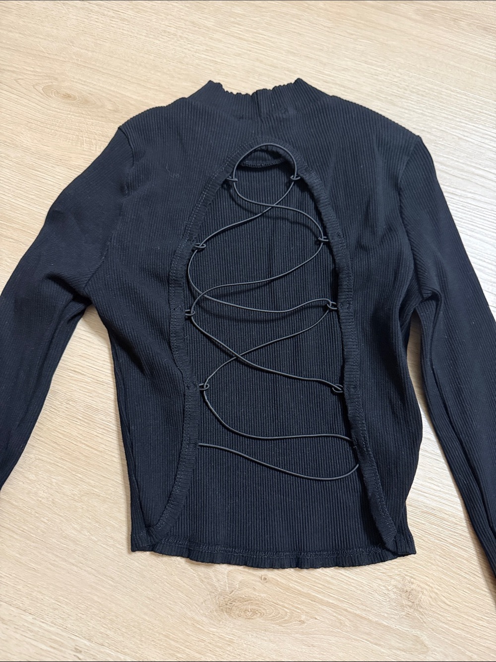 Black Lace-Up Open-Back Ribbed Long-Sleeve Top